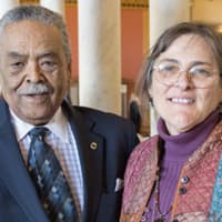 <p>State Sen. Ed Gomes congratulates Suzanne Kachmar, executive director of City Lights Gallery, who was named the 2017 Arts Hero by the Connecticut Office of the Arts and the Cultural Alliance of Fairfield County.</p>