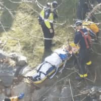 <p>Norwalk first responders rescue a man who fell down an embankment and into the Norwalk River on Monday afternoon while walking his dog.</p>