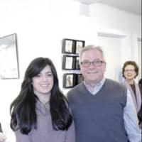 <p>Bethel First Selectman Matthew Knickerbocker presenting Stephanie Milite of Pomperaug High School with her second place award for her multimedia 3D piece &quot;Space Travel.&quot;</p>