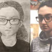 <p>A self-portrait created by Danbury student Jennah Haddad, 14, at left, with the artist herself at right.</p>