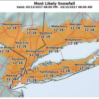 <p>A look at snowfall projections from the storm, which is expected to arrive late Monday, have its strongest impact Tuesday and linger into Wednesday morning.</p>
