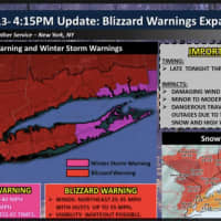 <p>Blizzard Warnings were expanded to include most of downstate New York Monday afternoon.</p>