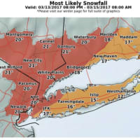 <p>Snowfall projections from the National Weather Service say parts of the area could get 21 inches of accumulation.</p>