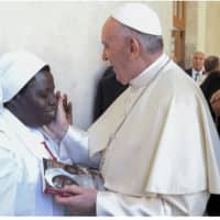 <p>Sister Rosemary Nyirumbe, CNN Hero and humanitarian receives a blessing from Pope Francis. She will give a talk Monday, April 10 at Round Hill Community Church in Greenwich on her lifesaving work with victims of violences in Uganda and Sudan.</p>