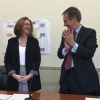 <p>Jill Gildea is welcomed as Greenwich Public School&#x27;s new superintendent of education by Board of Education chairman Peter Sherr Thursday morning.</p>