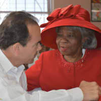 <p>Ivy WIlloughby, right, chats with Mayor Joe Ganim at the Bethany Senior Center in Bridgeport&#x27;s North End.</p>