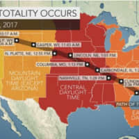 <p>A look at the path of totality for the 14 states that will see the total solar eclipse Monday. The Hudson Valley will see about 71 percent coverage.</p>