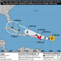 <p>Projected path of Hurricane Irma as of Monday afternoon, Sept. 4.</p>
