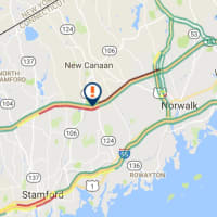 <p>Traffic is jammed along the Merritt Parkway in New Canaan.</p>