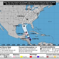 <p>The latest projected path of Tropical Storm Nate from the National Hurricane Center.</p>