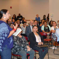 <p>Stratford resident Milady Cruz-Fisher speaks with her U.S. senators about the destruction in Puerto Rico.</p>