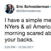 <p>&quot;I have a simple message for the millions of NYers &amp; all Americans who woke up this morning scared about their future: we have your backs,&quot; Attorney General Eric Schneiderman said in a tweet posted Friday afternoon.</p>