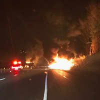 <p>A fiery crash early Saturday involving two tractor-trailers occurred just past Exit 16 on eastbound on I-84 in Southbury.</p>