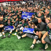 <p>Pleasantville players and coaches celebrate the state championship on Sunday at Syracuse University&#x27;s Carrier Dome.</p>