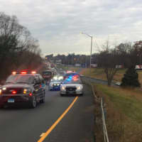 <p>Traffic is jammed on I-84 after a car rolled down an embankment off Exit 7 eastbound in Danbury on Wednesday morning.</p>