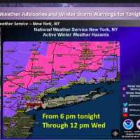 <p>A look at areas where Winter Weather Advisories (purple) and Warnings (pink) are in effect.</p>