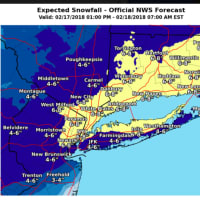 <p>A look at the most up-to-date projections for snowfall accumulation amounts, released Saturday morning by the National Weather Service.</p>