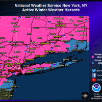<p>A Winter Storm Warning (shown in pink) is in effect for the entire tristate region.</p>