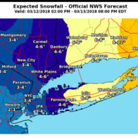 <p>The latest snowfall projections for Tuesday&#x27;s storm, released Monday morning by the National Weather Service.</p>