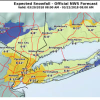 <p>A look at the latest projected snowfall accumulation totals for the midweek storm, released early Monday evening by the National Weather Service.</p>