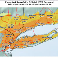 <p>Snowfall projections for the Nor&#x27;easter, released early Wednesday morning by the National Weather Service.</p>