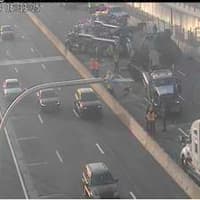 <p>A look at the crash involving an overturned flatbed truck on southbound I-87 in Rockland just east of the span to the new Tappan Zee Bridge.</p>