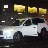 <p>An Infiniti SUV collided with an NJ Transit train in Elmwood Park Wednesday.</p>