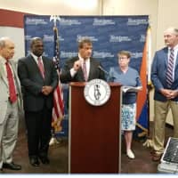 <p>County Executive George Latimer at the podium during Monday&#x27;s Westchester County Airport news conference..</p>
