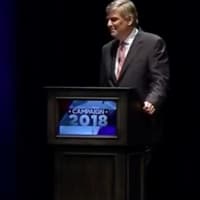 <p>Gubernatorial candidates, from left to right, Richard &quot;Oz&quot; Griebel, Bob Stefanowski and Ned Lamont during a televised debate at the University of Connecticut campus in Storrs on Sept. 26.</p>