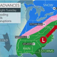<p>The storm will sweep through the area overnight Monday into Tuesday.</p>