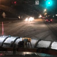 <p>A view from inside a New York State Department of Transportation truck on Thursday night during the storm.</p>