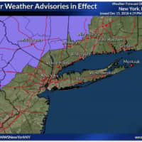 <p>A look at counties (in purple) where Winter Weather Advisories are in effect for ice and snow.</p>