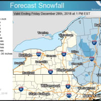 <p>A look at projected snowfall totals through Friday morning, Dec. 28, show about 1 inch of accumulation north of I-84.</p>