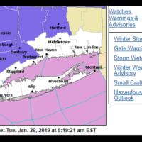 <p>A look at areas where a Winter Weather Advisory (purple) and Winter Storm Warning (pink) are in effect.</p>