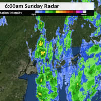 <p>A radar image from 6 a.m. Sunday shows showers moving west to east.</p>