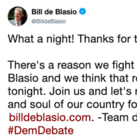 <p>Team de Blasio tweets its support to the New York City mayor after Wednesday night&#x27;s Democratic Party presidential debate.</p>