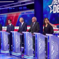 <p>Sen. Kirsten Gillibrand of New York, far right, was among the candidates jostling for airtime Thursday during the second Democratic Party presidential debate.</p>