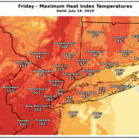 <p>A look at projected maximum heat index temperatures for Friday, July 19.</p>