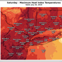 <p>A look at projected maximum heat index temperatures for Saturday, July 20.</p>