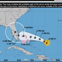 <p>The latest projected path for Hurricane Dorian, released Friday morning, Aug. 30 by the National Hurricane Center.</p>