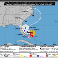 <p>A look at the latest projected path for Hurricane Dorian, released Sunday, Sept. 1.</p>