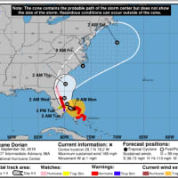 <p>A look at the latest projected path for Hurricane Dorian, released Monda morning, Sept. 2.</p>