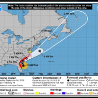 <p>A look at the latest project path and timing for Hurricane Dorian, released Wednesday morning, Sept. 4.</p>