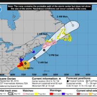 <p>A look at the latest projected path and timing for Hurricane Doria, released Friday morning, Sept. 6.</p>