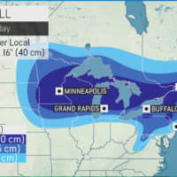 <p>Projected snowfall totals: 1 to 3 inches (light blue), 3 to 6 inches (blue) and 6 to 12 inches (dark blue).</p>