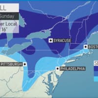 <p>A look at the latest projected snowfall totals: 1 to 3 inches (light blue), 3 to 6 inches (blue) and 6 to 12 inches (dark blue).</p>