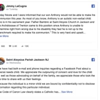 <p>Facebook posts earlier this week by the LaCugna parents of Manalapan and the initial response from Saint Aloysius Parish in Jackson.</p>