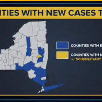<p>A map of counties with existing cases (in blue).</p>