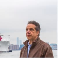 <p>Gov. Andrew Cuomo at New York Harbor as the 1,000-bed US Navy Hospital Ship Comfort arrives late Monday morning, March 30 before docking at Pier 90.</p>