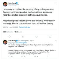 <p>&quot;His passing was sudden (fever started only Wednesday morning),&quot; Wang wrote. &quot;Part of coronavirus&#x27;s hard toll in New Jersey.&quot;</p>